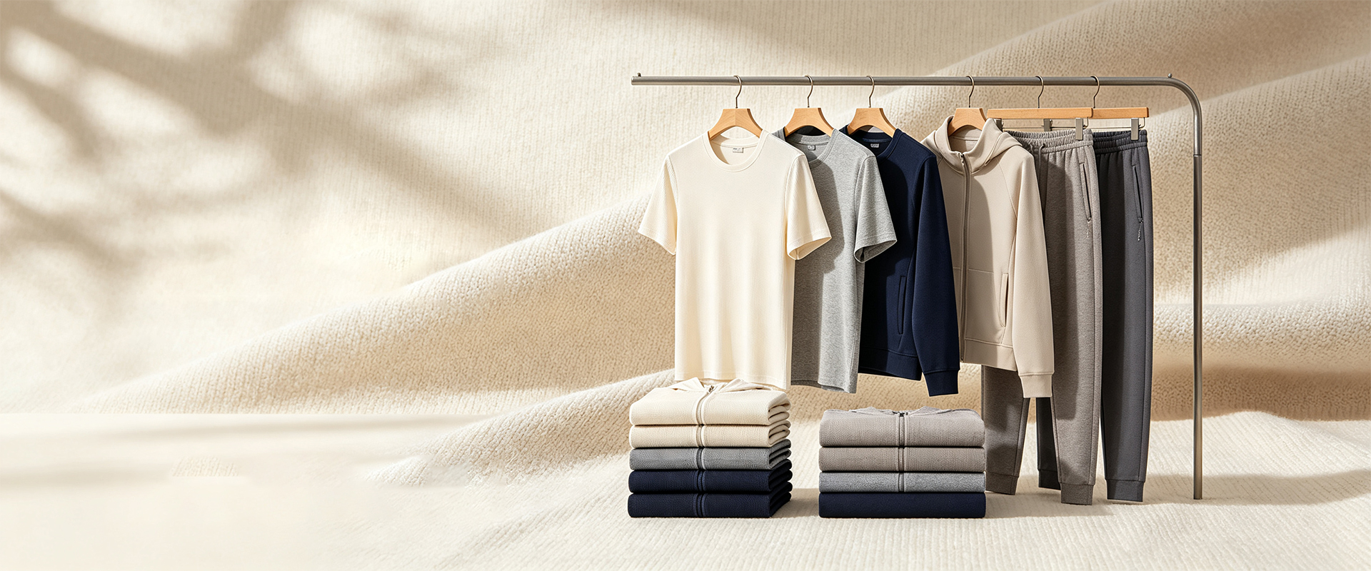 Folded and hung Tencel-wool knitwear styled on a rack in soft neutral tones
