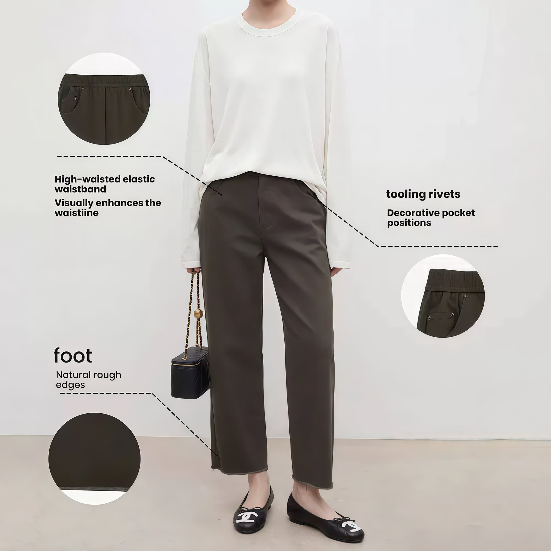 Brown cropped trousers shown with waistband and hem details
