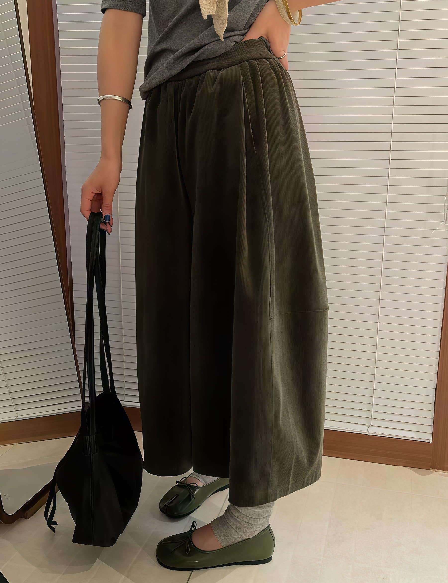 Olive wide-leg trousers shown as a worn fit reference