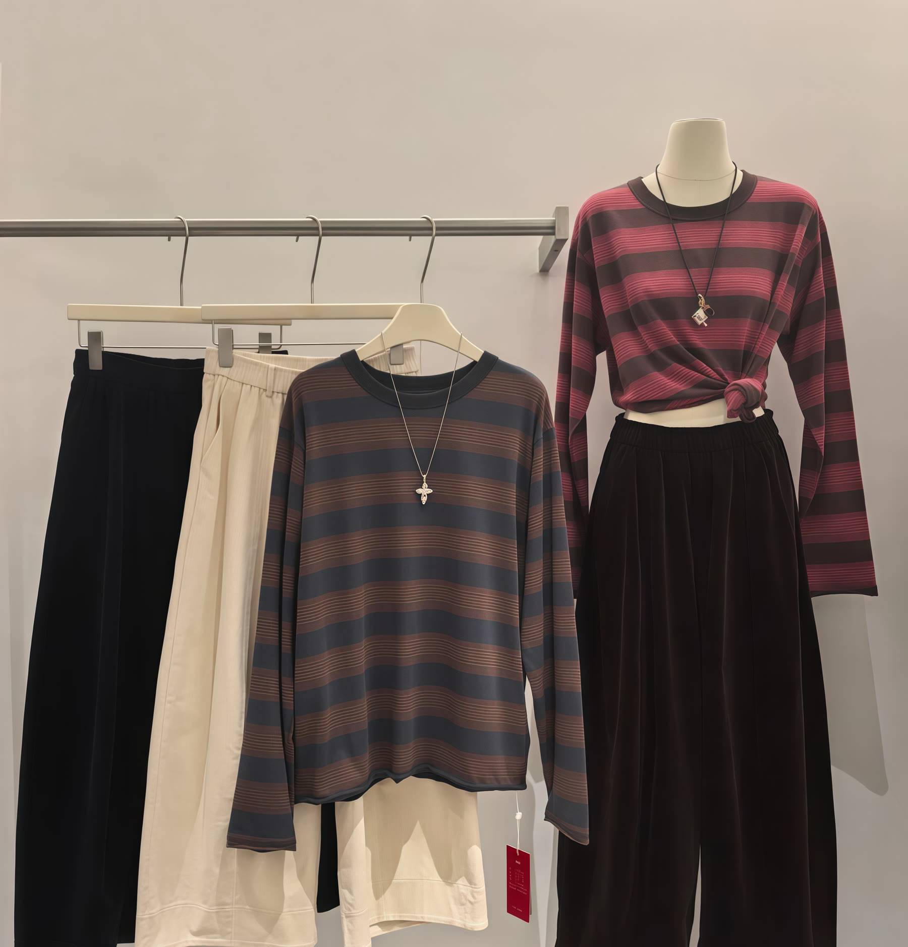 Striped long-sleeve knit tops coordinated with black and cream bottoms