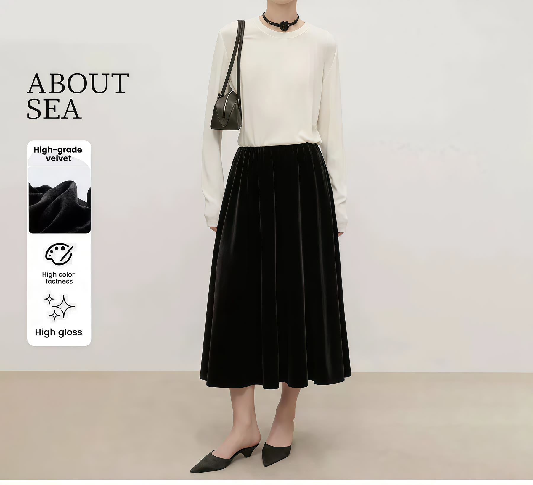 White long-sleeve top coordinated with a long black skirt